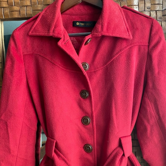 Pink Lady Red Wool Blend Peacoat with Large Brown Button Detialing - Picture 3 of 8